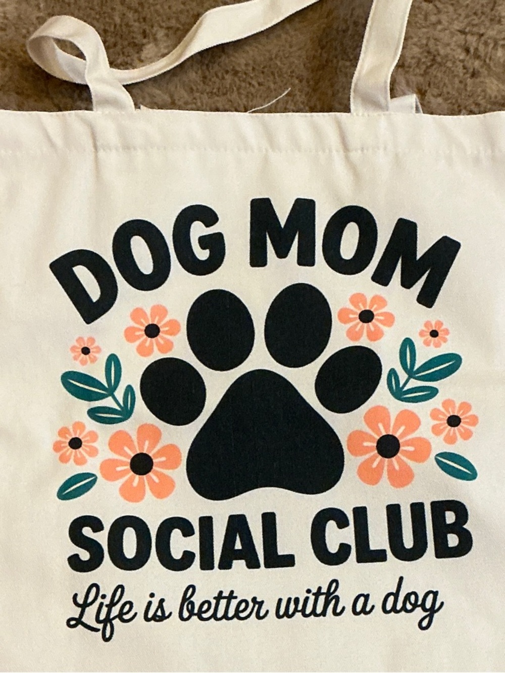 Dog Mom Social Club Canvas Tote Bag - White with Black and Coral Print